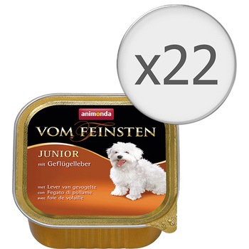 Hrana umeda pentru caini Vom Feinsten, Junior Ficat de Pasare, 22 buc x 150g Hrana umeda pentru caini Vom Feinsten, Junior Ficat de Pasare, 22 buc x 150g