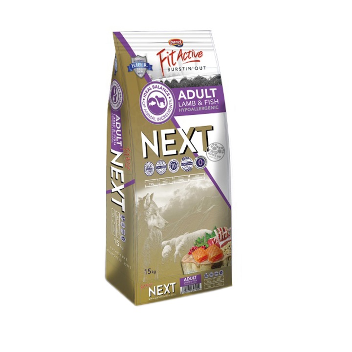 Hrana uscata pentru caini Fit Active NEXT, Adult, Miel si Peste, 15kg