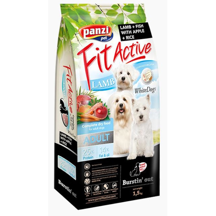 Fit Active WhiteDogs Adult Száraz kutyaeledel fehér szőrű kutyák számára, Bárány és rizs, 1.5kg