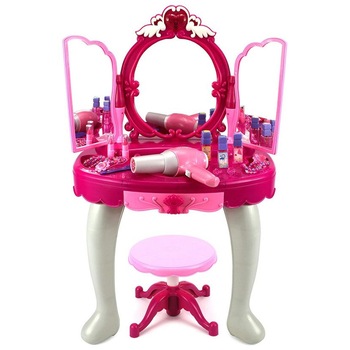 Set Masuta de frumustete cu scaun si oglinda, lumini, sunete si 16 accesorii Unitoys Set Masuta de frumustete cu scaun si oglinda, lumini, sunete si 16 accesorii Unitoys