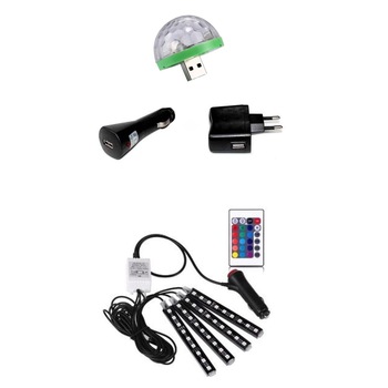 KIT auto ambiental - bec led multicolor cu adaptoare pentru masina si priza + lumina ambientala 12 SMD RGB cu jocuri de lumini si telecomanda KIT auto ambiental - bec led multicolor cu adaptoare pentru masina si priza + lumina ambientala 12 SMD RGB cu jocuri de lumini si telecomanda