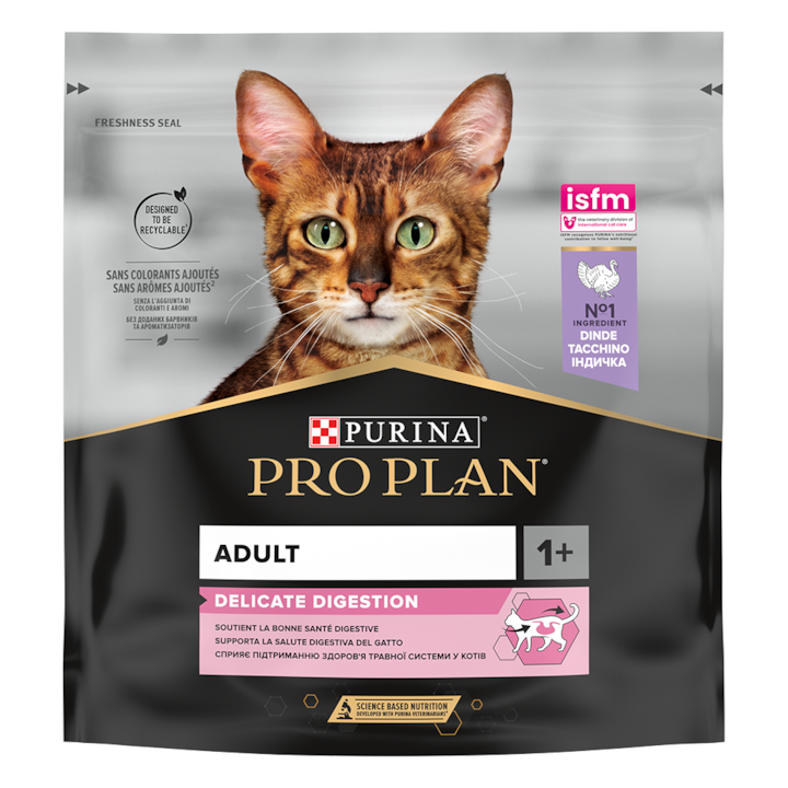 PRO PLAN® DELICATE DIGESTION Adult 1+, bogat în curcan, hrană uscată pentru pisici, 400g