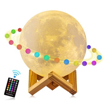 Set Lampa Led Luna Plina 3D (Moon), cu 16 Culori si telecomanda, portabila si reincarcabila cu suport din lemn, 15 x 15 x 15 cm Set Lampa Led Luna Plina 3D (Moon), cu 16 Culori si telecomanda, portabila si reincarcabila cu suport din lemn, 15 x 15 x 15 cm