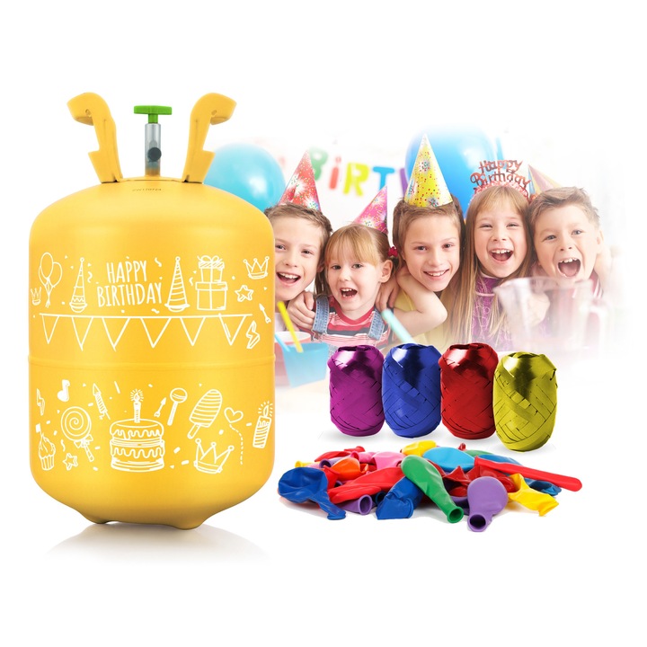 Комплект хелиев цилиндър BALLON TIME idealSTORE, Капацитет 0,42 m3 с редуктор, Включва 50 цветни балона, 60 m декоративна панделка, цветна опаковка