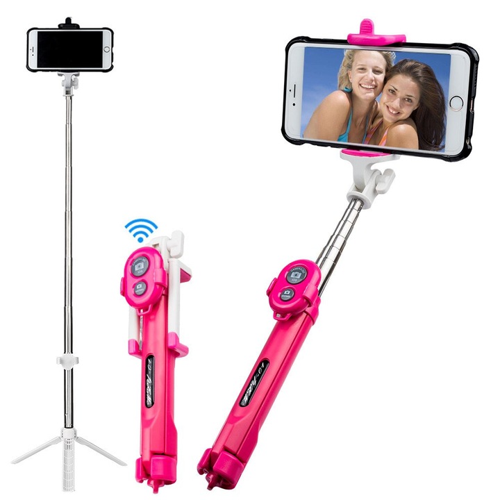 Селфи стик 1TECH, С поставка трипод, Bluetooth дистанционно в комплекта, Розов