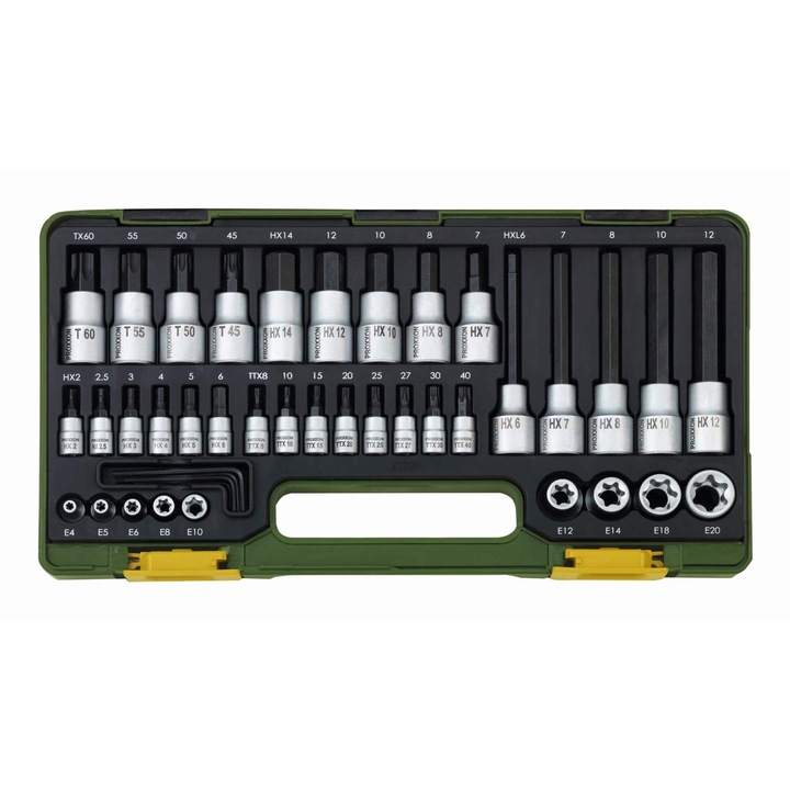 Trusa speciala pentru suruburi TX si HX, cu patrat de antrenare de 1/2" si 1/4", 42 piese, Proxxon 23290