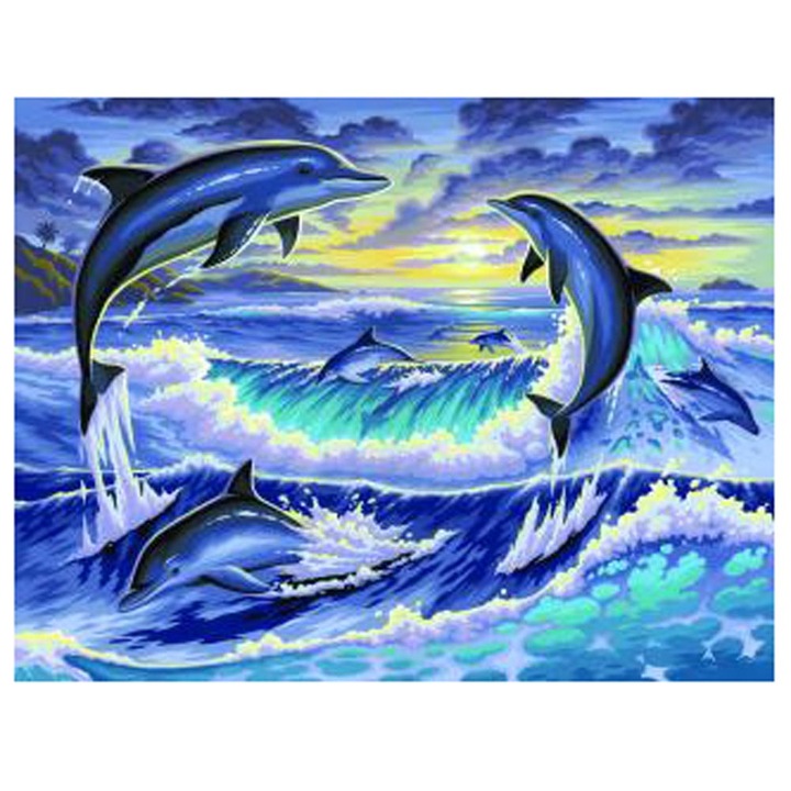 Креативен комплект KSG crafts Изгрев с делфини, Рисуване по номера с акрилни бои