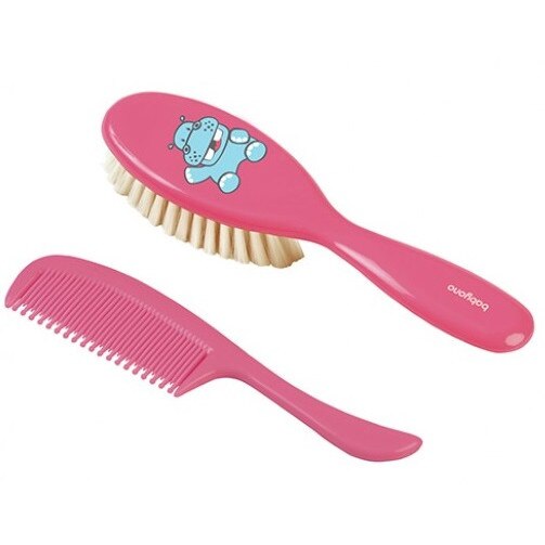 Set perie naturala si piaptan, roz cu hipopotam