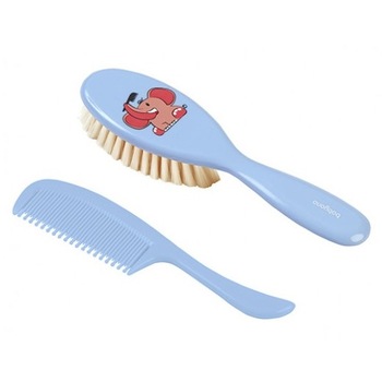 Set perie naturala si piaptan, albastru cu elefantel Set perie naturala si piaptan, albastru cu elefantel