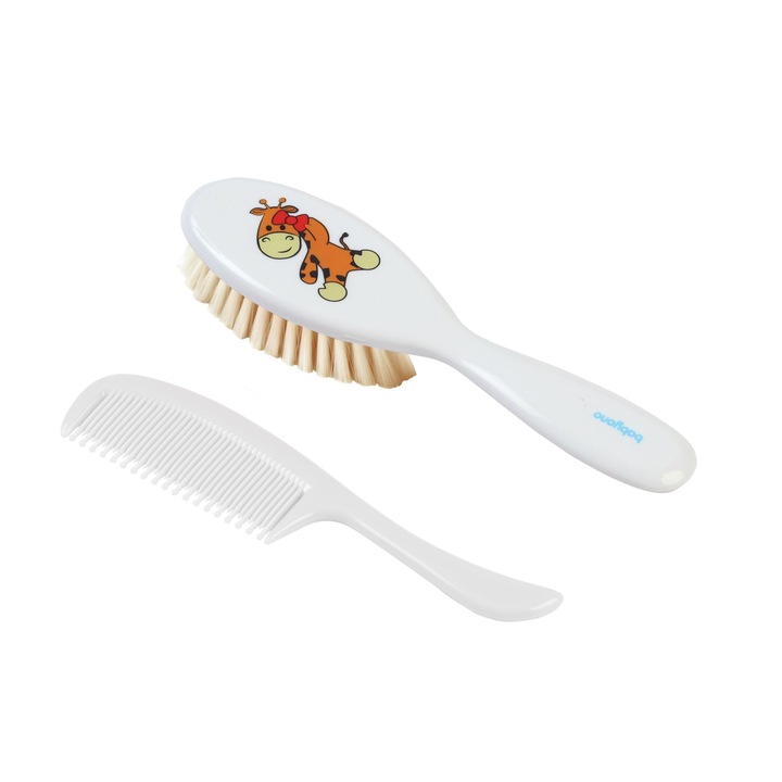 Set perie naturala si piaptan, girafa, alba