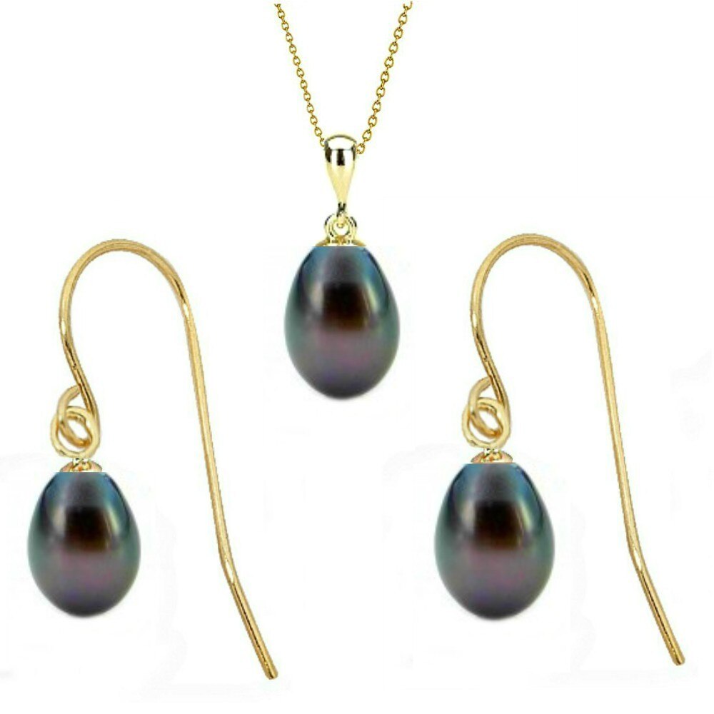 Set din Aur si Perle Naturale Teardrops Negre