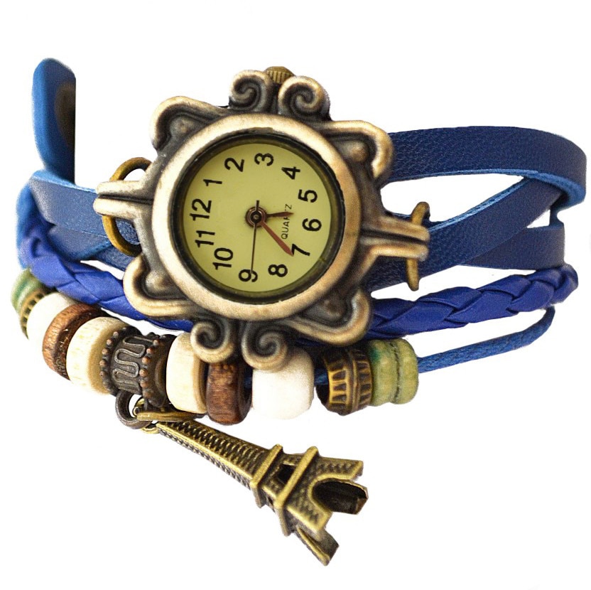 Ceas de dama stil retro / vintage cu pandant Turnul Eiffel - albastru