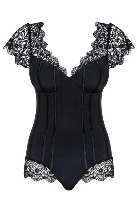 Obsessive Moketta - csipke fodros, csíkos body (fekete) - S/M