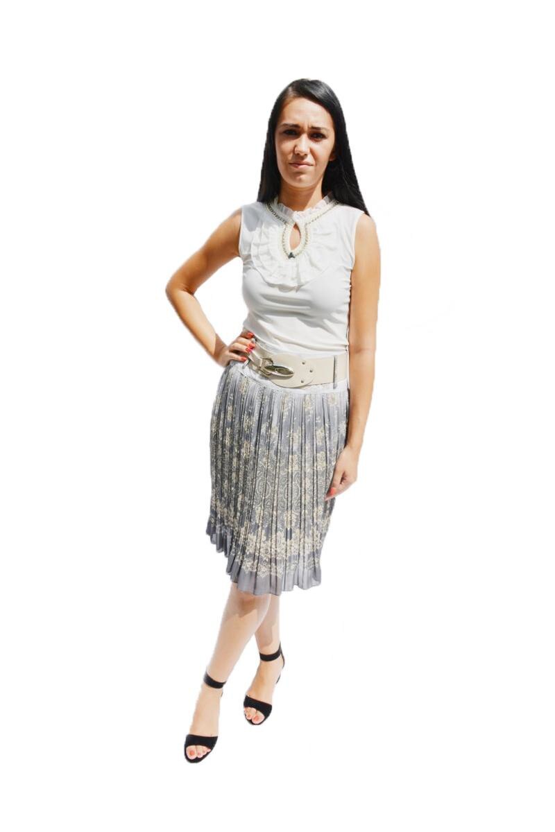 Fusta de lungime medie cu imprimeu floral, D&J Exclusive, Gri 42 EU