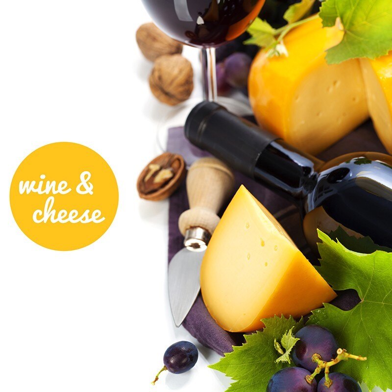 Tablou canvas, produs DekoStore, pentru bucatarie, inramat pe cadru de lemn, print HD, Cascaval, struguri si vin, 40x40 cm