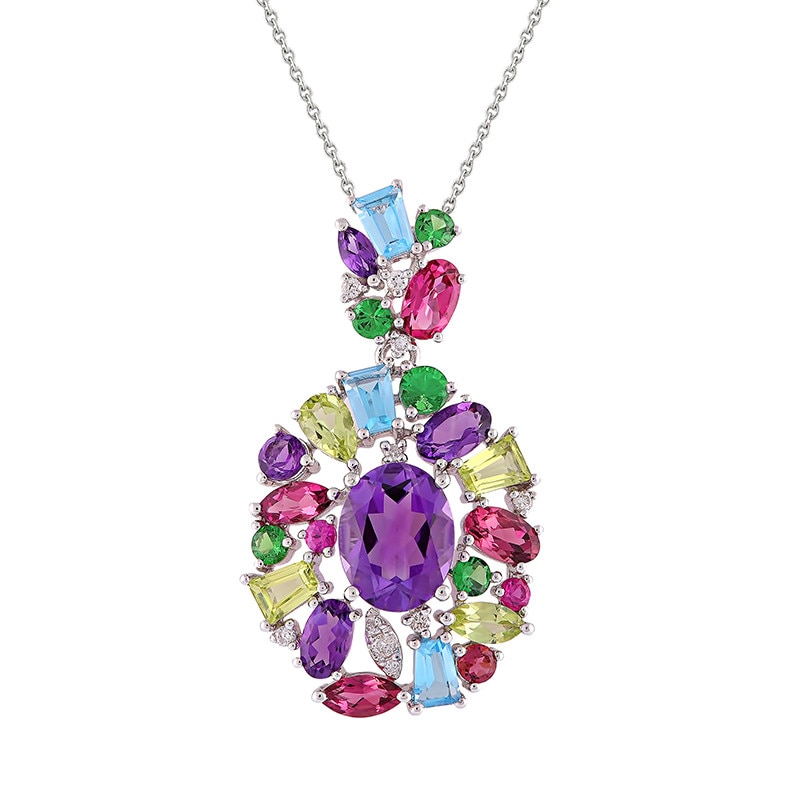 Pandantiv cu Lant Deruvo Aur 18k Diamante, Ametist, Pietre Multicolore, Ajustabil 40-45 P29345-WMCDI