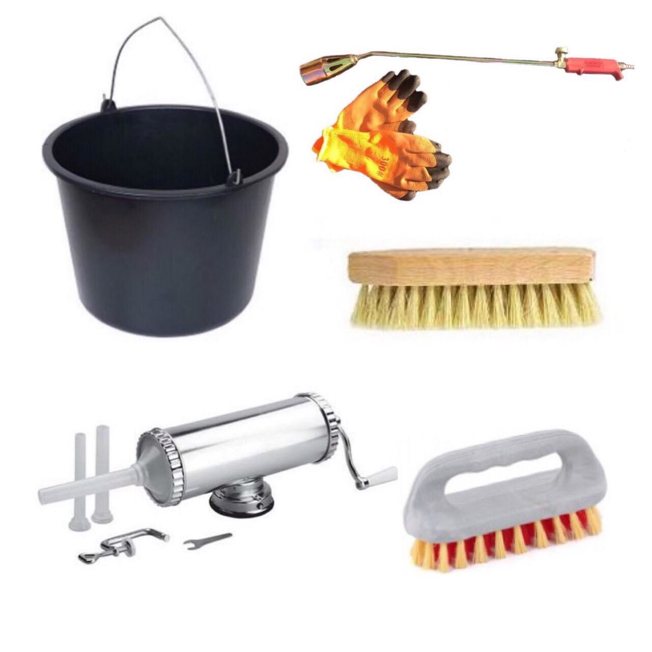 Pachet Masina Carnati/Carnatar INOX 2.5Kg, 3 Palnii Incluse + Arzator Porc pe gaz + Manusi vatuite +2 bucati Perie Porc + Galeata universala 12l