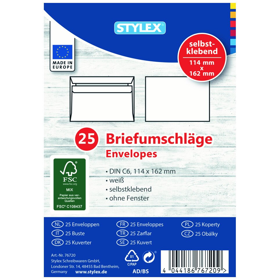 Plic C6 alb autoadeziv 114x162 mm Stylex, 25 buc/set