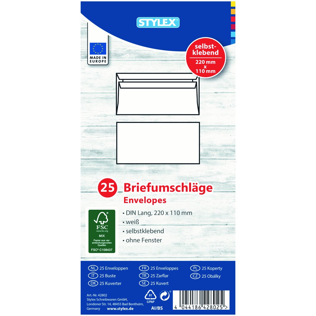 Plic DL alb autoadeziv 110x220 mm Stylex, 25 buc/set