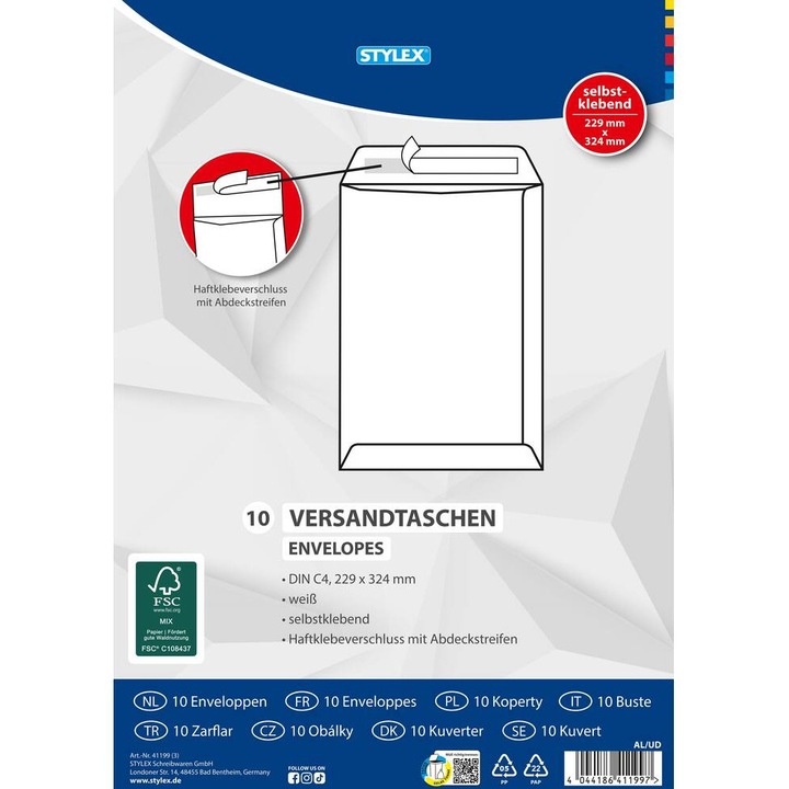 Set 10 plicuri C4 albe siliconice 229x324 mm Stylex, 100 gr/mp