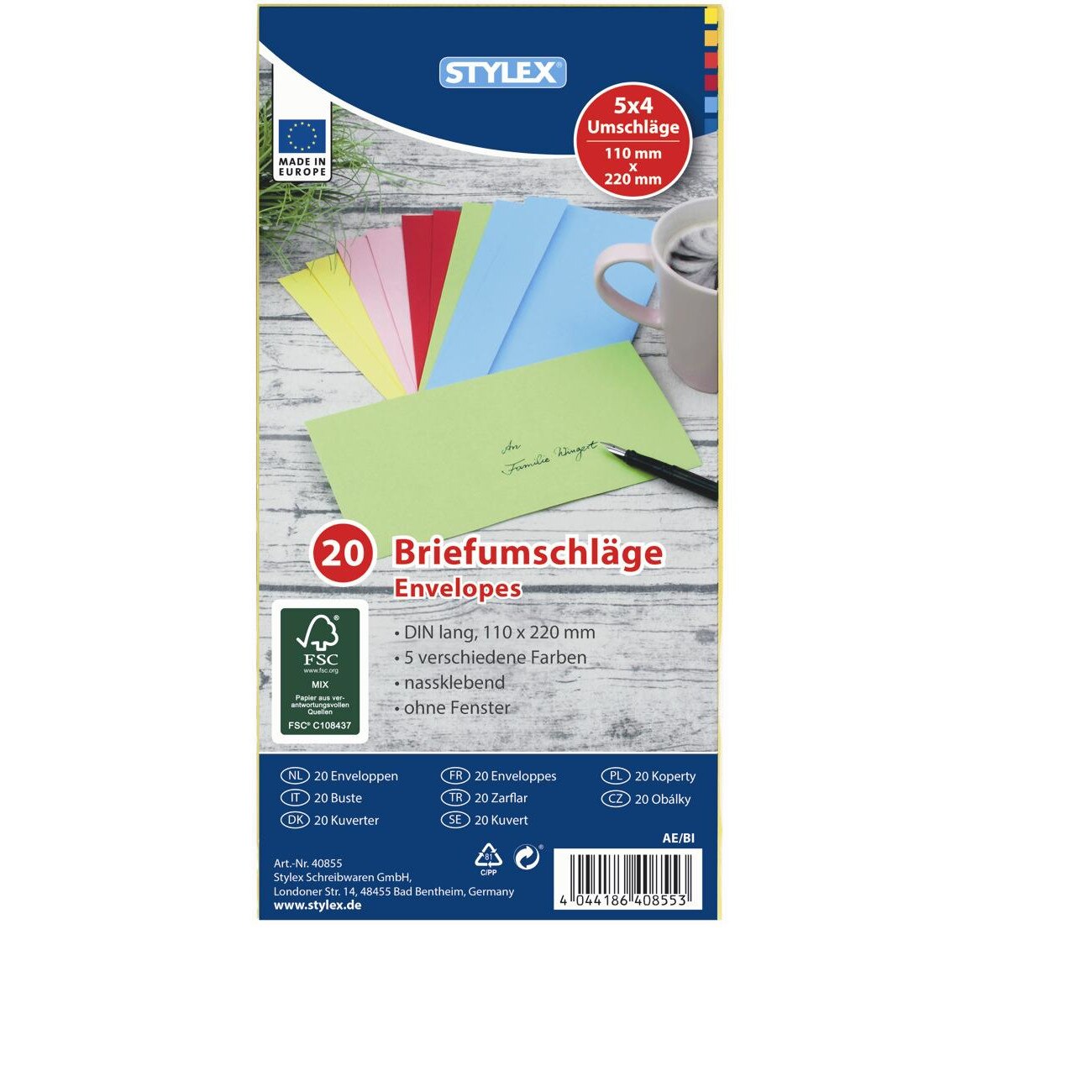 Set 20 plicuri gumate colorate DL 110x220 mm Stylex