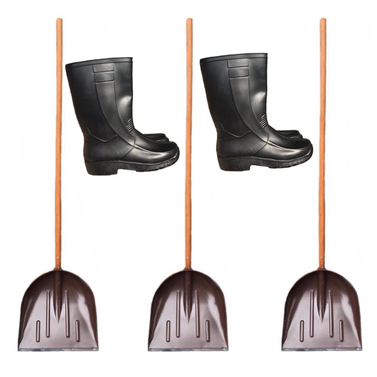 Pachet 3 bucati Lopata de zapada, plastic cu coada din lemn + 1 bucata Cizme antiderapante, marimea 43/44 + 1 bucata Cizme antiderapante, marimea 45/46