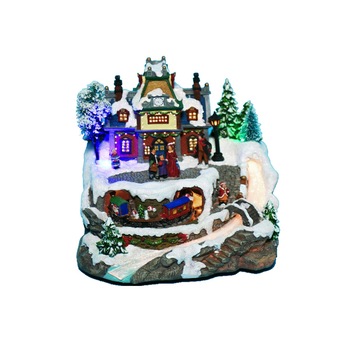Decoratiune muzicala de Craciun cu 3 LED-uri si fibra, peisaj biserica cu trenulet, 27x26x28 cm Decoratiune muzicala de Craciun cu 3 LED-uri si fibra, peisaj biserica cu trenulet, 27x26x28 cm