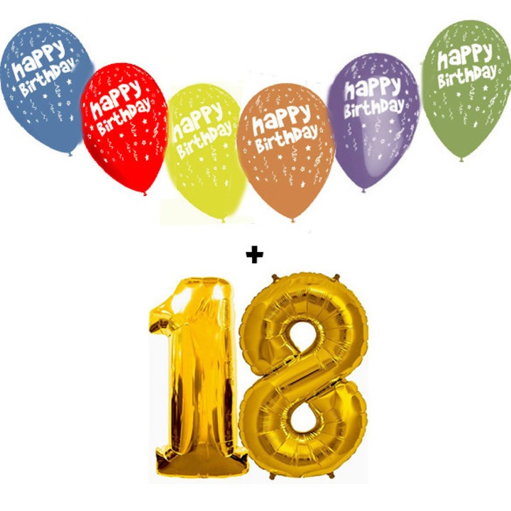 Baloane figurina cifra 18 aurii dimensiunea 101 cm + 6 baloane latex imprimate Happy Birthday dimensiune 30 cm