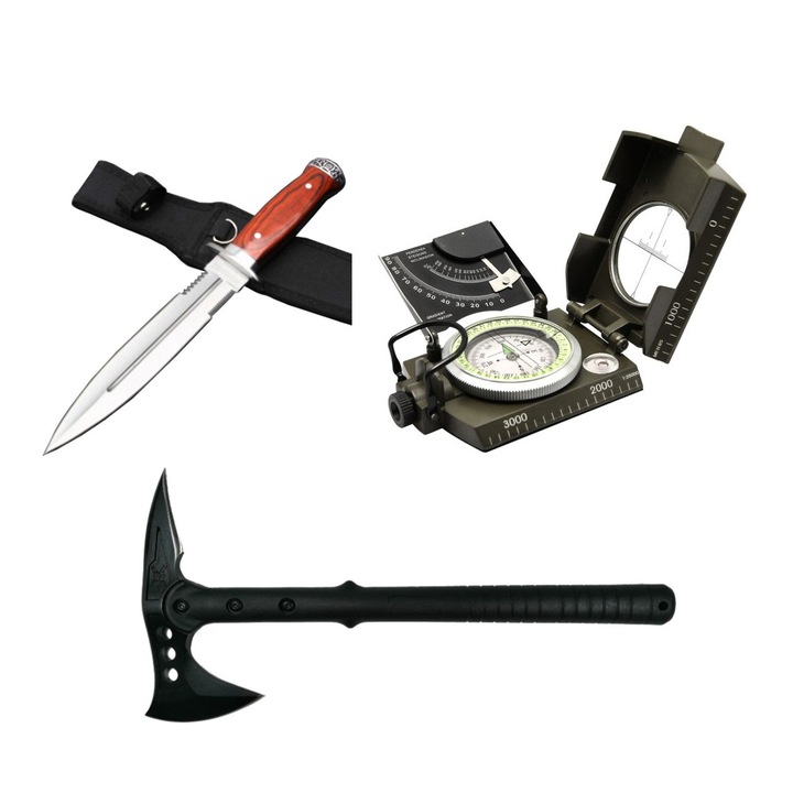 Pachet format din Busola profesionala ARM-20RO, Topor Camping N270 si Cutit Vanatoare Shaitan TGR