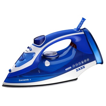 Fier de calcat Zass talpa ceramica, 0.36 l, 120 g/min, sistem auto-curatare, albastru cu alb Fier de calcat Zass talpa ceramica, 0.36 l, 120 g/min, sistem auto-curatare, albastru cu alb