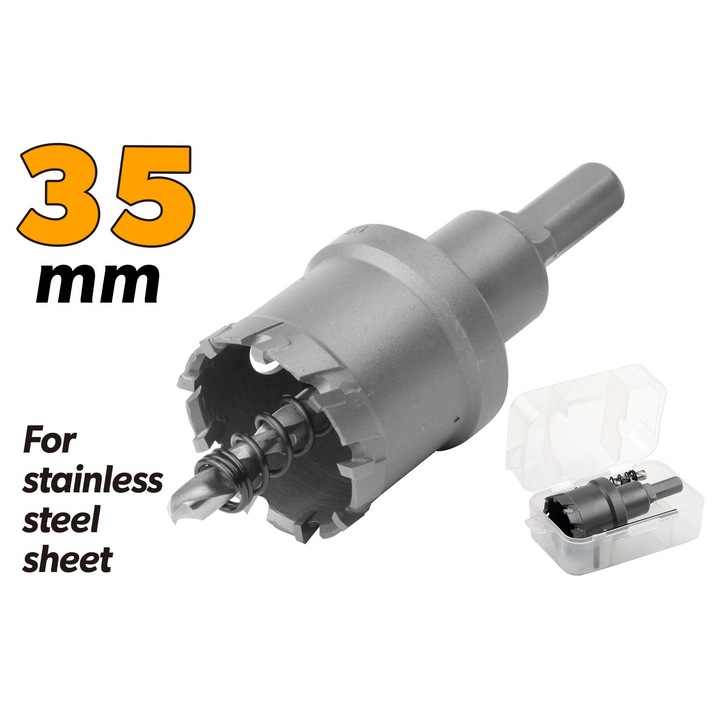 Carota metal TOLSEN 35 mm cu vidia, varf din carburi speciale, taiere cu strat triplu anti-crapare, pentru inox si otel, compatibila cu masini de gaurit portabile si tip stalp