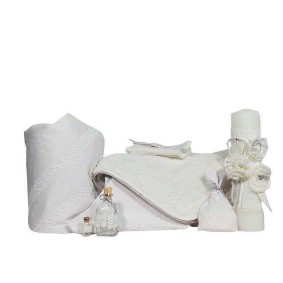 Set- trusou, paturica, lumanare si cufar pentru botez biserica, Odorul Mamei, ALB- Fulgi de Nea, unicat, cu aplicatii handmade - set 10 piese