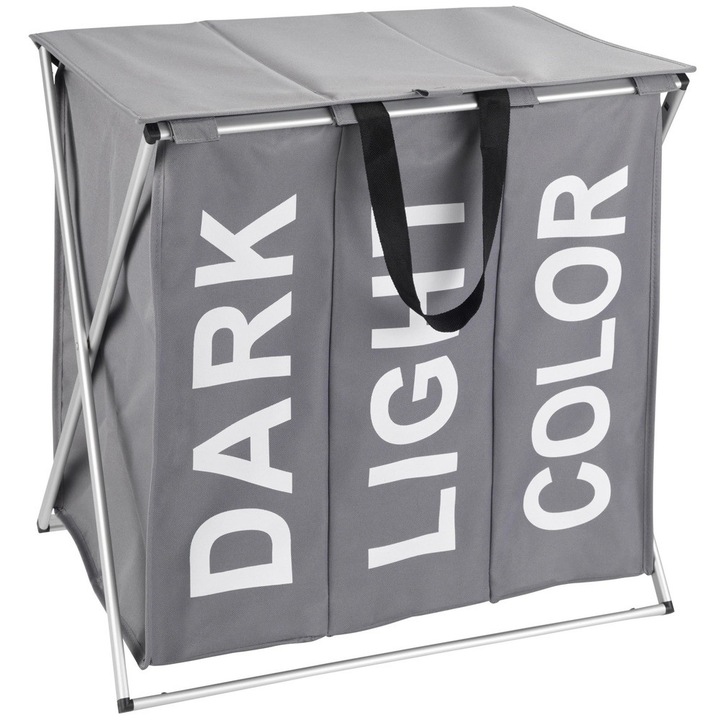 Trio szennyeskosár, Weenko, 3 rekeszes, 118L, műanyag/alumínium, szürke