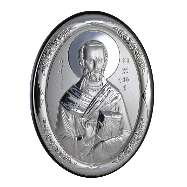 Icoana placata cu argint - Sfantul Nicolae - Finisaj lemn alun, oval, 19x14 cm, 3/3