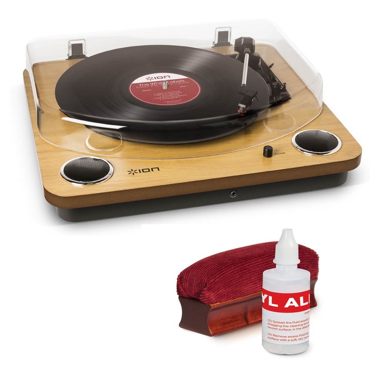 Pick-up ION Audio MAX LP - USB, difuzoare incorporate, iesire casti, culoare Stejar + Kit Curatare Viniluri - Vinyl Alive - solutie si perie