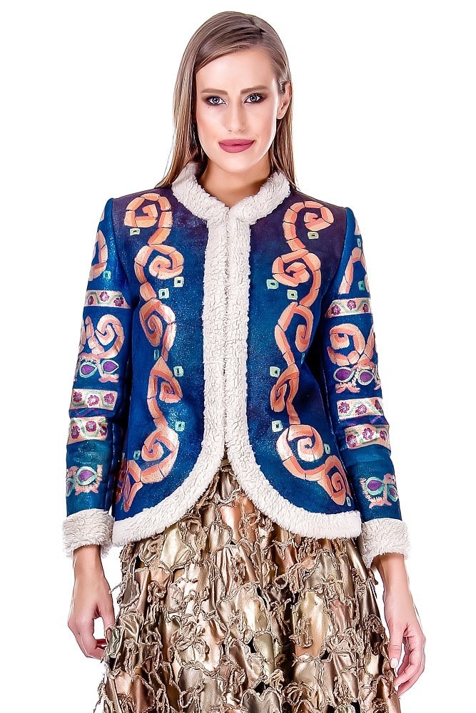 Jacheta piele ecologica pictata multicolor Liza Panait AV-138E