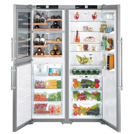 Side by side cu vitrina vinuri BioFresh Liebherr SBSes 7165, 605 l, Clasa A+, No Frost, H 185.2, Full inox