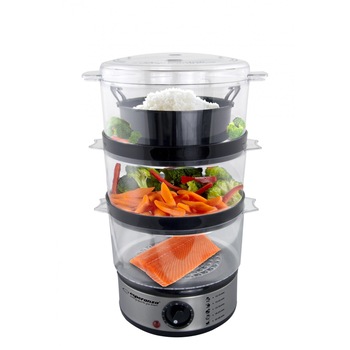 Aparat de gatit cu aburi cu 3 tavi si vas orez, corp din inox, timer, capac anti-picurare, protectie impotriva supraincalzirii Aparat de gatit cu aburi cu 3 tavi si vas orez, corp din inox, timer, capac anti-picurare, protectie impotriva supraincalzirii