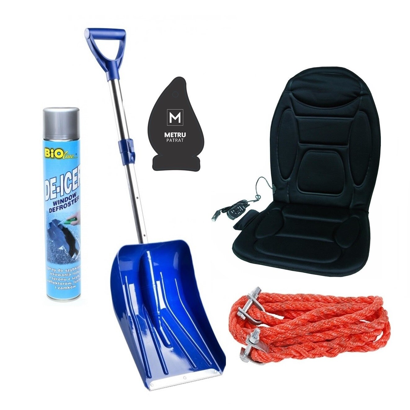 Pachet auto de iarna - husa auto cu incalzire si masaj cu telecomanda + franghie tractare 3,5 tone, 4 metri + lopata telescopica alu shovel + spray 750 ml pentru dezghetare parbriz + odorizant Metru Patrat CADOU