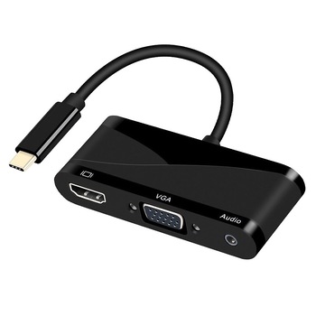 Adaptor convertor 3 in 1 USB 3.1 Type-C la HDMI 4K@60Hz, VGA si port audio 3.5mm, negru Adaptor convertor 3 in 1 USB 3.1 Type-C la HDMI 4K@60Hz, VGA si port audio 3.5mm, negru