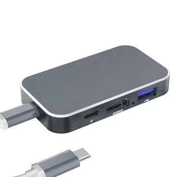 Adaptor convertor 5 in 1 USB 3.1 Type-C la HDMI 4K@60Hz, 3 x USB 3.0 si port de incarcare USB Type-C, negru Adaptor convertor 5 in 1 USB 3.1 Type-C la HDMI 4K@60Hz, 3 x USB 3.0 si port de incarcare USB Type-C, negru