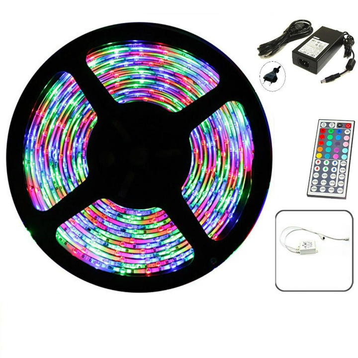 Kit banda 300 led multicolora 5 metri profesionala 5050 impermeabila exterior/ interior, telecomanda rgb, alimentator 3A 220V