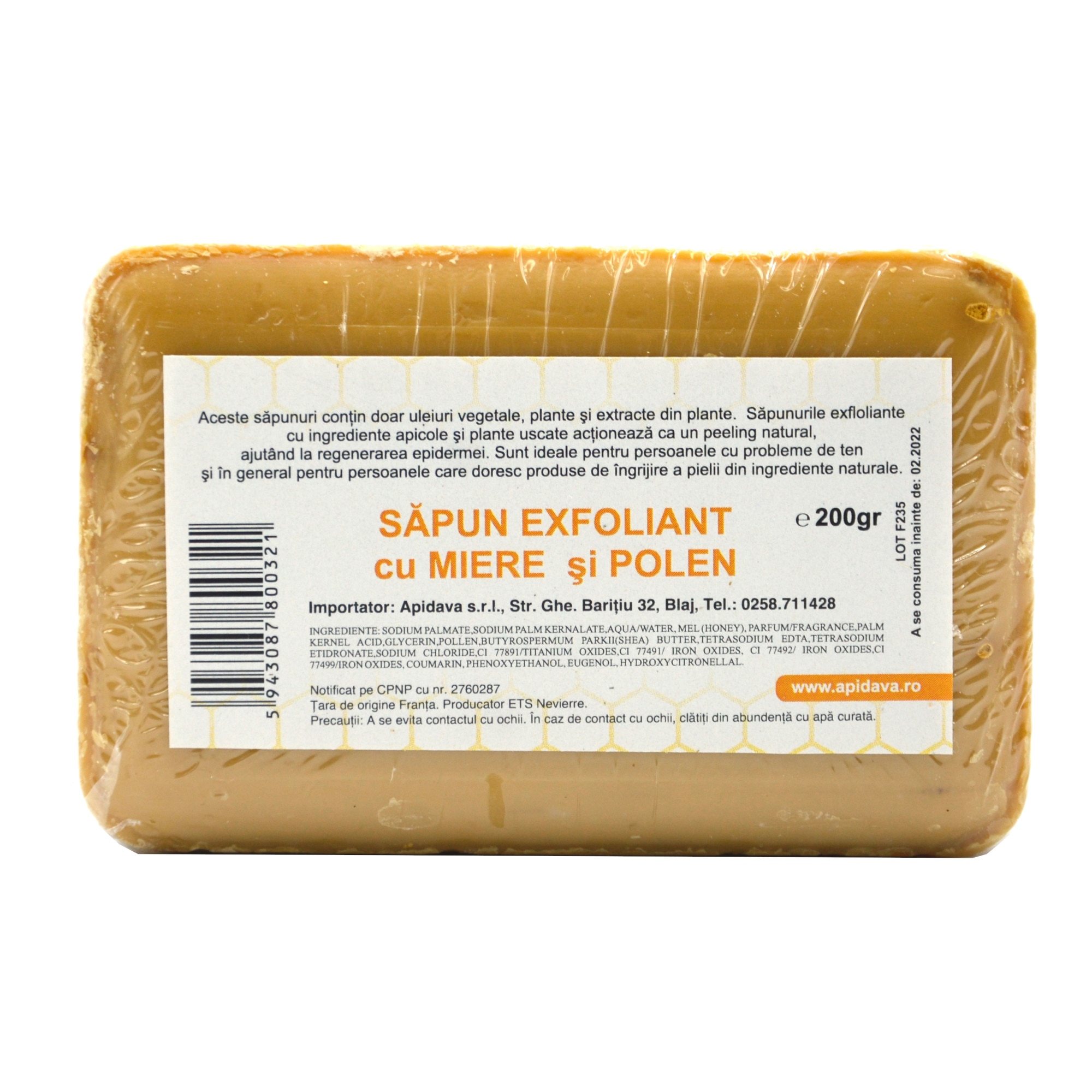 Sapun exfoliant cu miere si polen, Apidava, 200 g