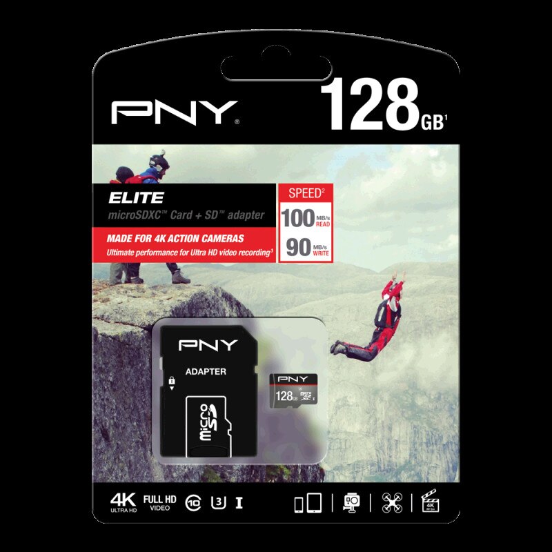PNY MicroSDXC 128GB Class 10 Elite Performance, 100/90MB/s UHS-I U3, ideal filmare 4K, WaterProof, ShockProof, Temperature Proof