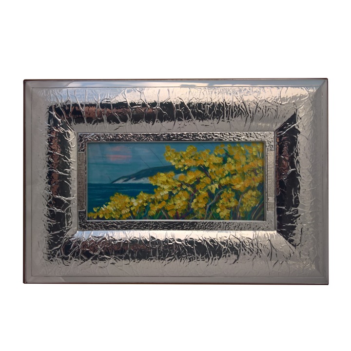 Tablou cu rama argintata, peisaj, "Flori galbene si marea",Europa Argenti, 46.5x31.5 cm