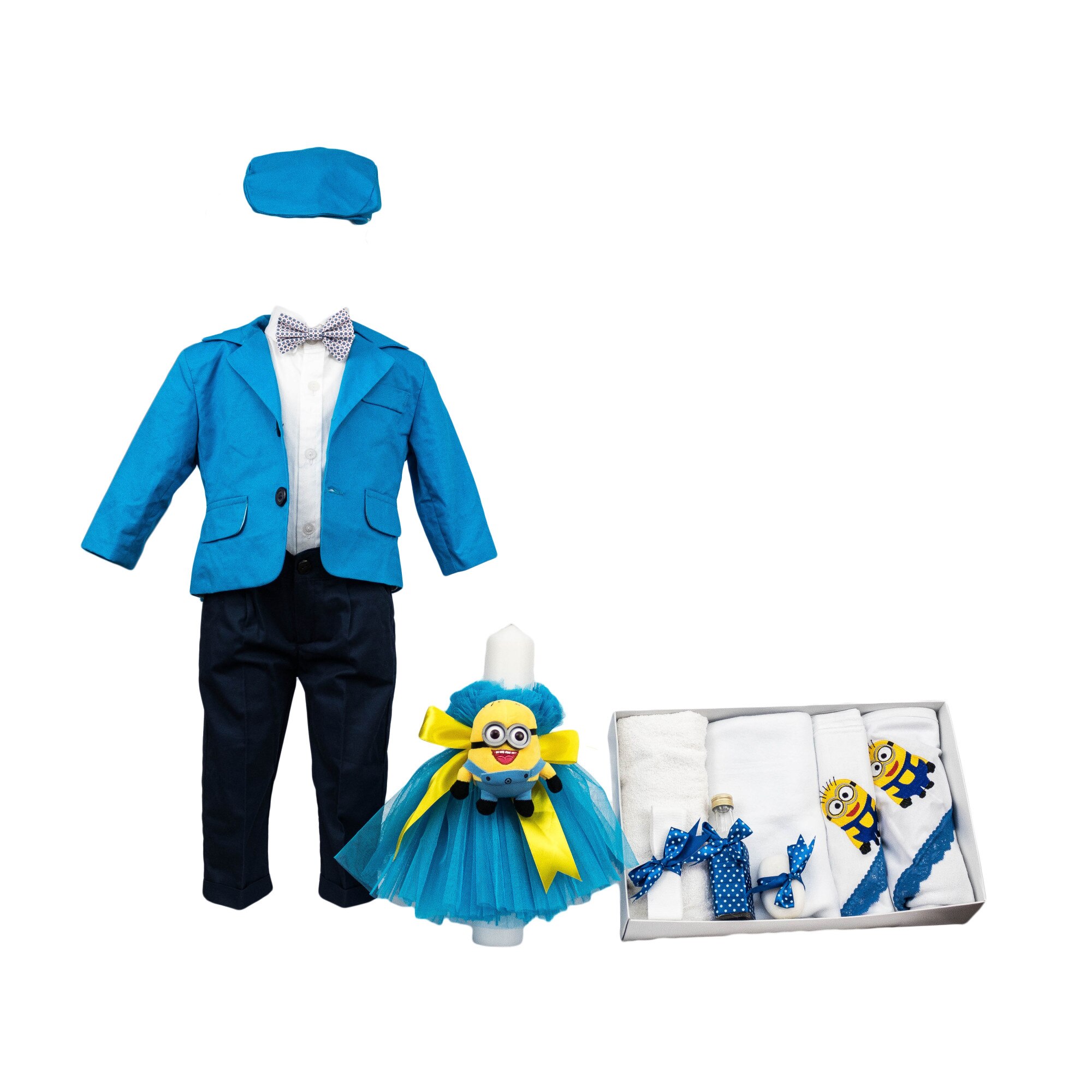 Set botez Minioni, trei piese bleu asortate, varsta 0-3 luni