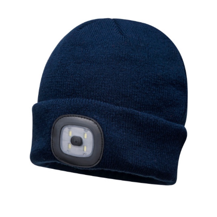 Caciula navy cu doua LED-URI fata-spate reincarcabile, unisex, marime universala, compatibila cu masina de spalat, baterie detasabila, incarcare USB