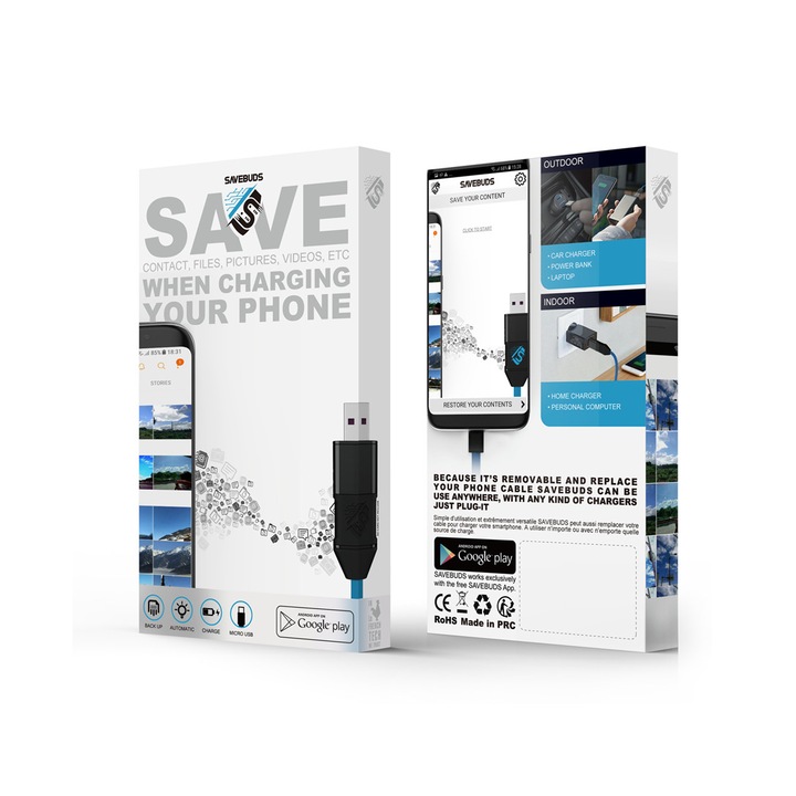 Cablu Backup Date Savebuds cu slot MicroSD pentru telefon sau tableta Android - USB Type C