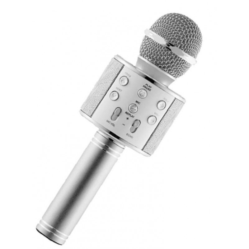 Microfon karaoke fara fir, boxa inclusa, SD Card, USB, AUX, argintiu