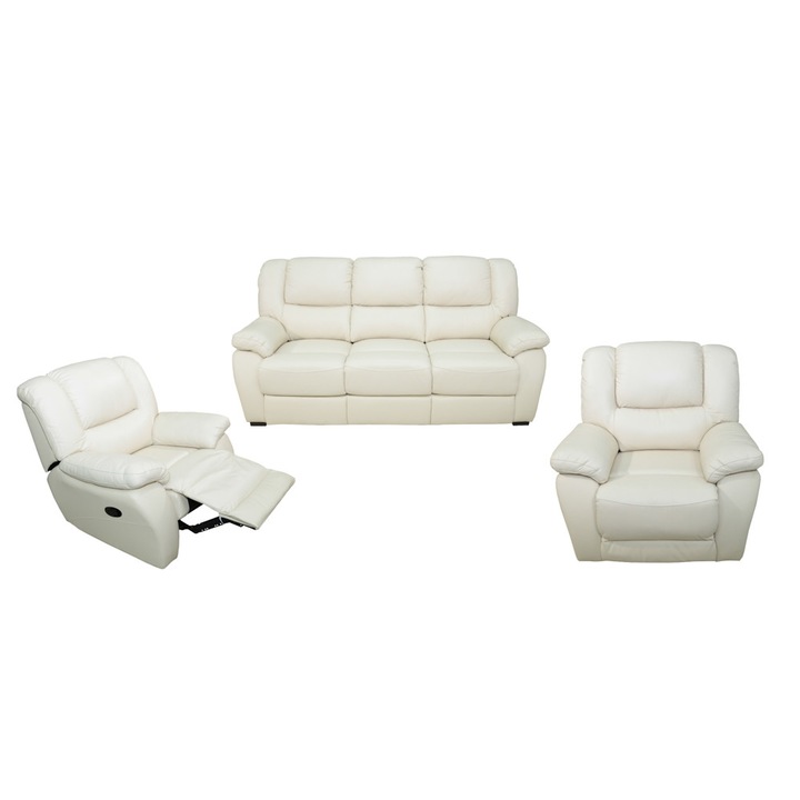 Set canapea 3 locuri extensibila si 2 fotolii cu recliner manual, Piele naturala, Set Md.2749, 3B-1R-1R